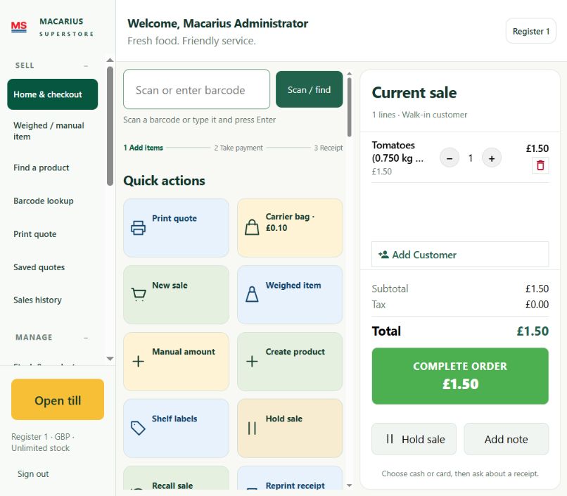 Macarius POS checkout screen with barcode scanning, quick actions and a sample basket