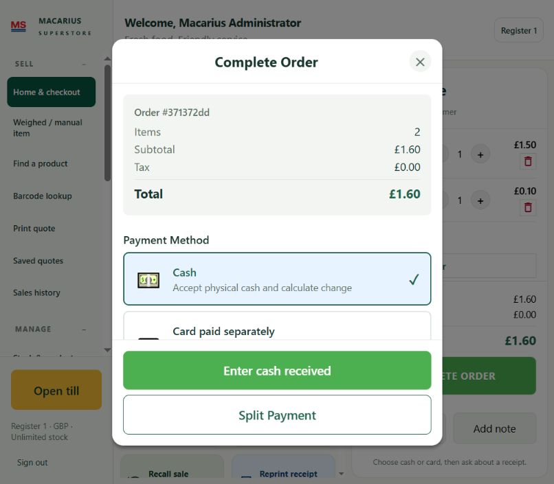 Macarius payment screen showing a sample cash sale and split payment option
