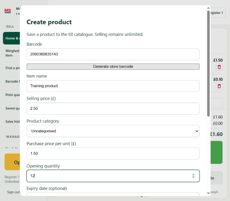 Macarius create product screen with a training product, price and opening quantity